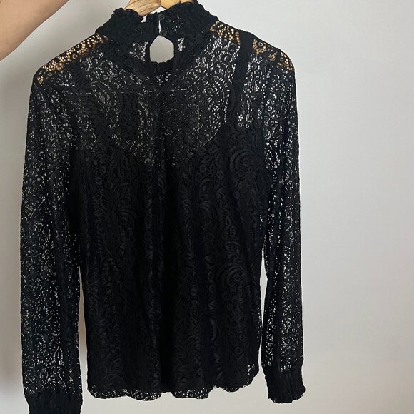 🖤 Cable & Gauge Black Lace Mock Neck Blouse - L/G - Picture 9 of 11